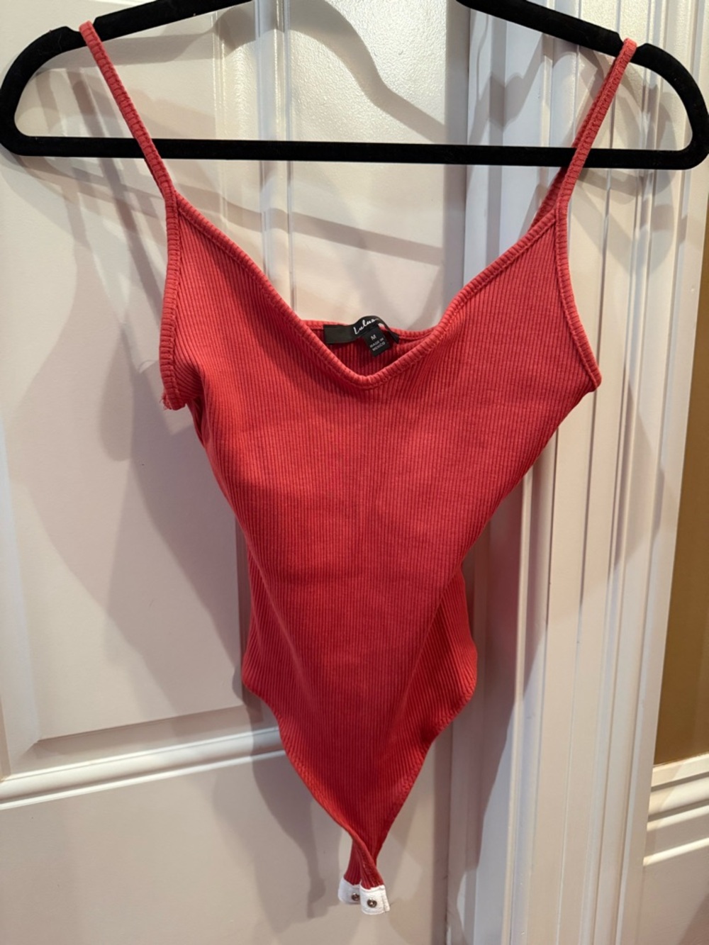 Lulu's Ribbed V-Neck Snap-Button Bodysuit - Coral Red